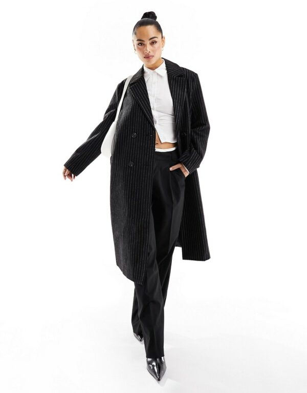 Only longline double breasted wool coat in black pinstripe