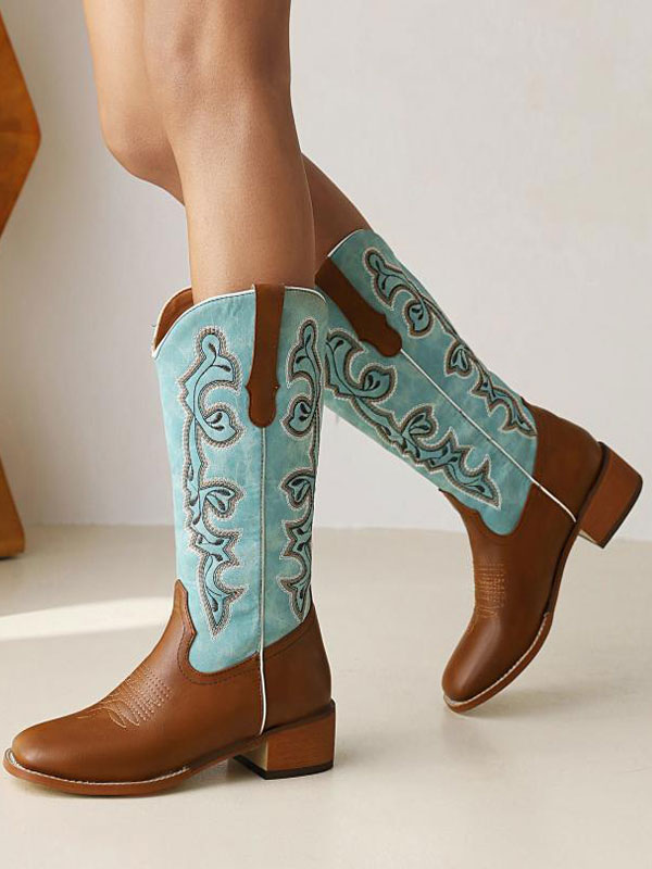 PU Leather Round Toe Cowboy Boots Puppy Heel Mid Calf Boots For Women