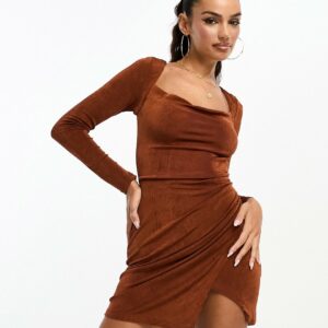 Parallel Lines mini dress with backless detail in chocolate brown