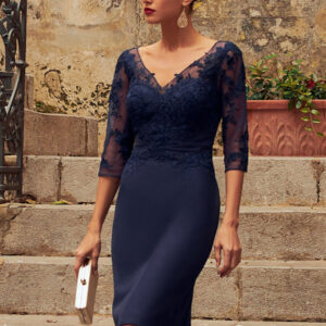 Party Dress For Mother Of The Bride V-Neck Lace Bodice Split Back Sheath Wedding Guest Dresses