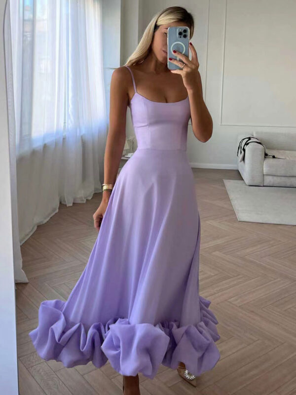 Party Dress Lilac Spaghetti Strap Backless Cupcake Edge Prom Midi Dresses