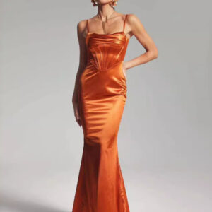 Party Dress Orange Strap Shoulder Backless Fit And Flared Prom Maxi Dress