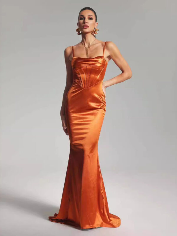 Party Dress Orange Strap Shoulder Backless Fit And Flared Prom Maxi Dress