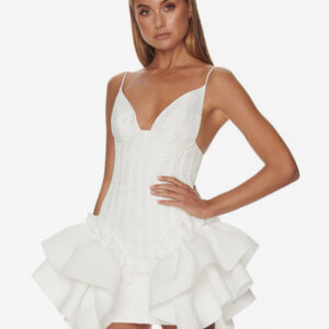 Party Dress Spaghetti Strap Backless Ruffles White Short Dress