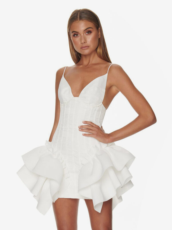 Party Dress Spaghetti Strap Backless Ruffles White Short Dress