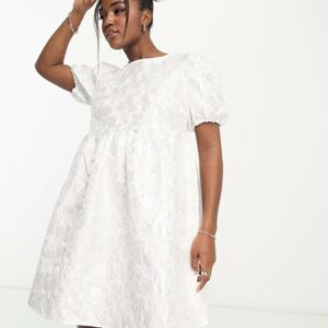 Pieces Bride To Be puff sleeve babydoll mini dress in white rose jacquard