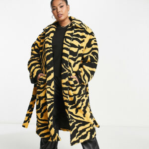 Pieces Curve exclusive longline belted teddy coat in yellow tiger print-Multi