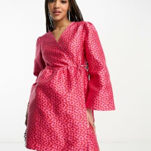 Pieces Premium kimono sleeve wrap mini dress in pink & red-Multi