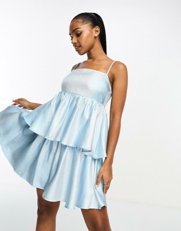 Pieces metallic cami babydoll dress in baby blue