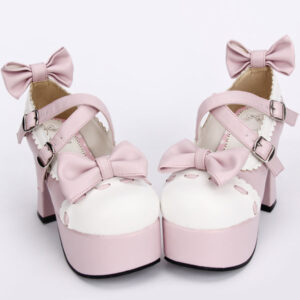 Pink Lolita Pony Heels Shoes Platform White Trim Bows Straps Buckles