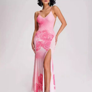 Pink Party Dress Spaghetti Strap Backless High Slit Long Dating Dress