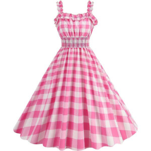 (Pink Plaid Ruffle, Large) Women Vintage 1950s Pink Gingham Dress Spaghetti Straps Rockabilly Pinup Dresses 50s Costume Halloween Cosplay Party