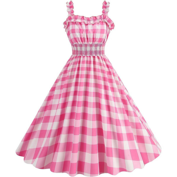 (Pink Plaid Ruffle, Large) Women Vintage 1950s Pink Gingham Dress Spaghetti Straps Rockabilly Pinup Dresses 50s Costume Halloween Cosplay Party