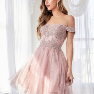 Pink Prom Dress Off The Shoulder A-Line Sleeveless Backless Applique Short Party Dresses