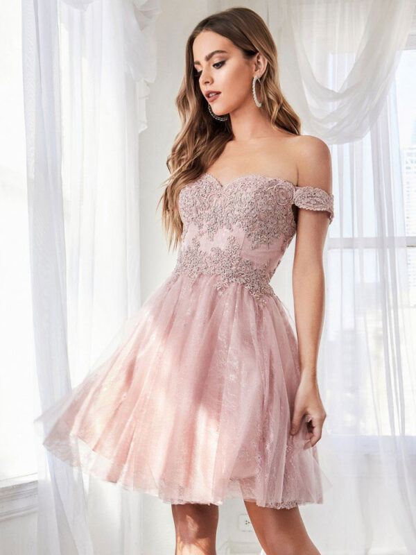 Pink Prom Dress Off The Shoulder A-Line Sleeveless Backless Applique Short Party Dresses