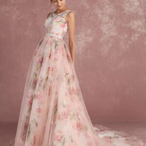 Pink Prom Dresses 2024 Long Floral Print Organza Pageant Dress Backless Chapel Train Party Dress