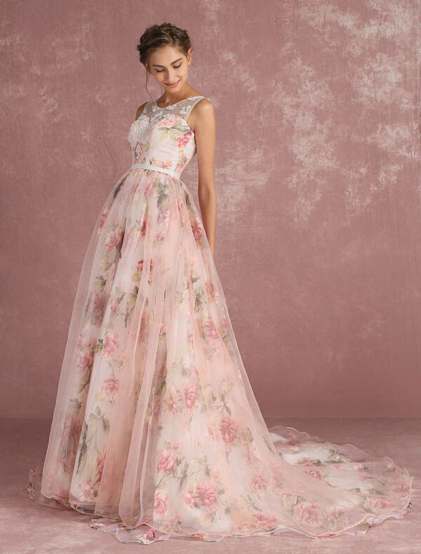 Pink Prom Dresses 2024 Long Floral Print Organza Pageant Dress Backless Chapel Train Party Dress