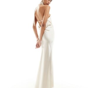 Pretty Lavish Hen backless satin scarf maxi dress in ivory-White