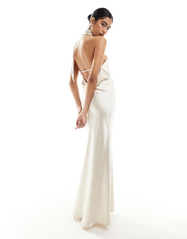 Pretty Lavish Hen backless satin scarf maxi dress in ivory-White