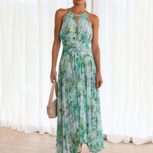 Print Maxi Dresses Floral Sleeveless Halter Elegant Layered Pleated Backless Long Summer Dresses