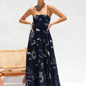 Printed Dress Adjuatble Spaghetti Straps Backless Casual Summer Maxi Dresses