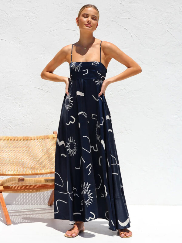 Printed Dress Adjuatble Spaghetti Straps Backless Casual Summer Maxi Dresses