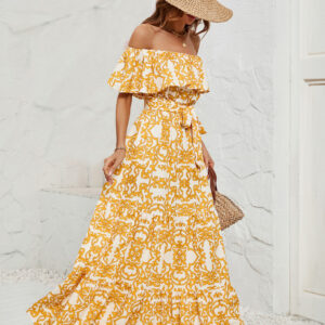 Printed Dress Off The Shoulder Belted Backless Tiered Casual Summer Maxi Dresses