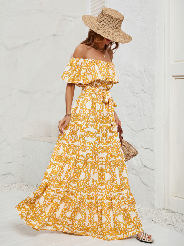 Printed Dress Off The Shoulder Belted Backless Tiered Casual Summer Maxi Dresses