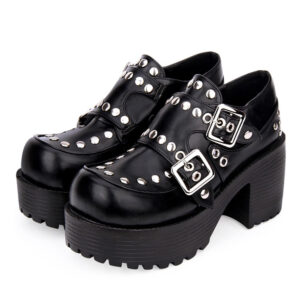 Punk Lolita Footwear Rivet Buckle Chunky Heel Platform Black Lolita Shoes