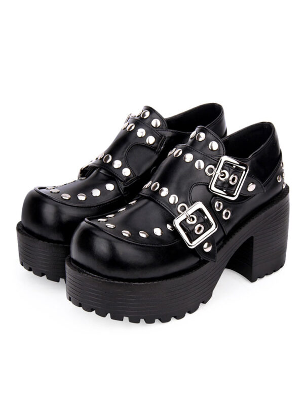 Punk Lolita Footwear Rivet Buckle Chunky Heel Platform Black Lolita Shoes