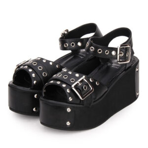 Punk Lolita Sandals Metallic Rivet Grommet Platform Wedge Heel Black Lolita Shoes