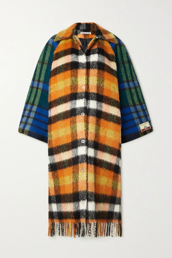 RAVE REVIEW - Waves Oversized Fringed Checked Wool Coat - Orange