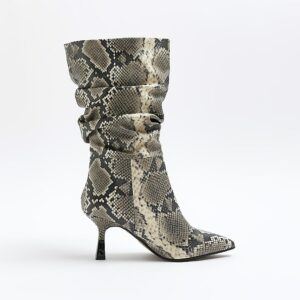 River Island Womens Beige Animal Print Slouch Heeled Boots