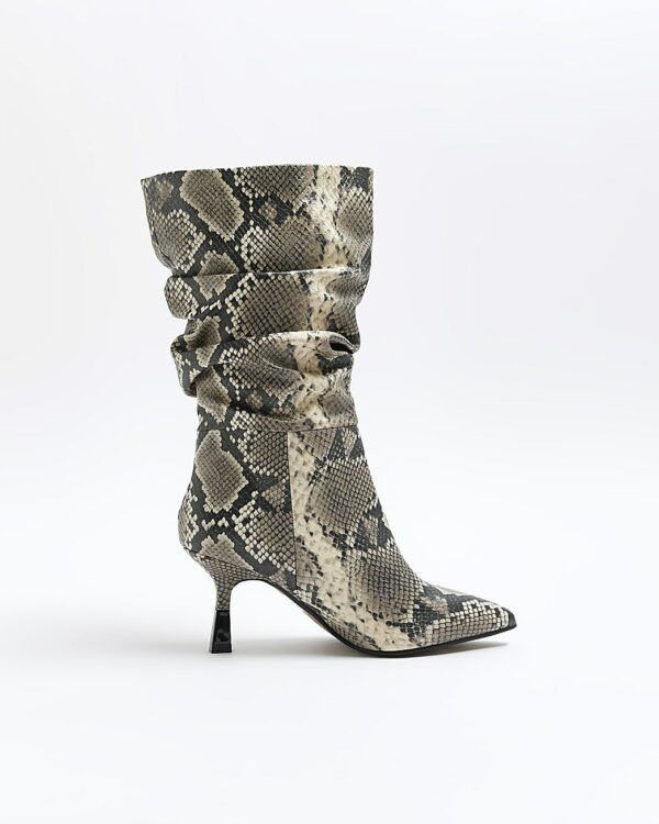 River Island Womens Beige Animal Print Slouch Heeled Boots