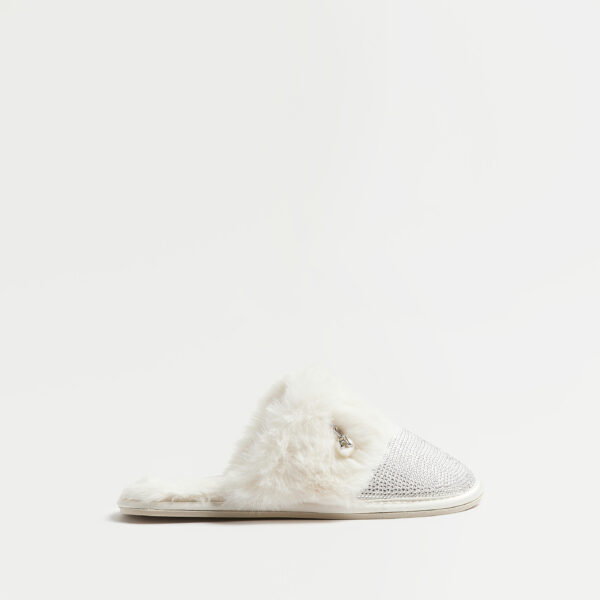 River Island Womens Cream Diamante Faux Fur Slippers