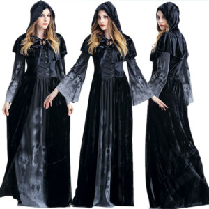 (S) Halloween Witch Vampire Scary Cosplay Costume for Womens Gothic Vintage Hooded Cloak Long Robe Party Fancy Dress