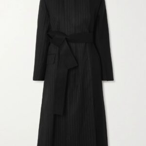 Sacai - Belted Pinstriped Wool Coat - Black