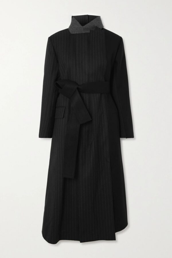 Sacai - Belted Pinstriped Wool Coat - Black