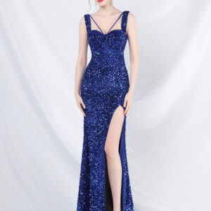 Sequined Dress Designed Neckline Backless High Slit Elegant Long Dress