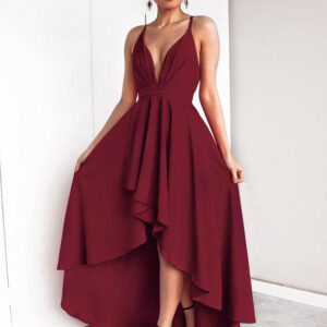 Sexy Long Dress Women Sleeveless Plunging Neck Backless High Low Burgundy Maxi Dress