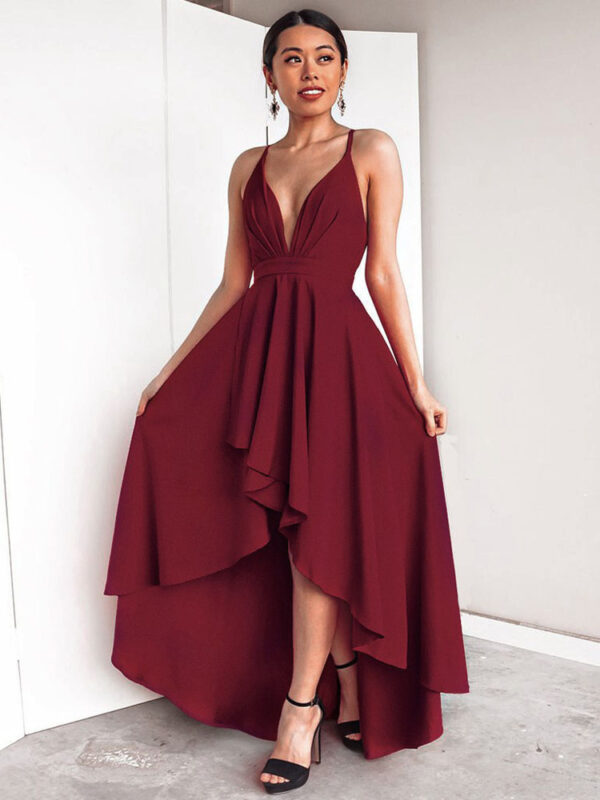 Sexy Long Dress Women Sleeveless Plunging Neck Backless High Low Burgundy Maxi Dress