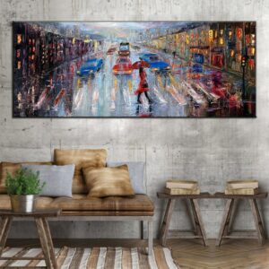 Woman With Umbrella, in Red, Rainy Day, Street, City, Panoramic, Painting, Oil Painting