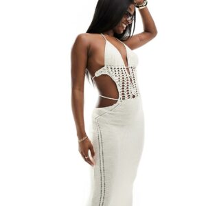 Simmi crochet cut out detail backless maxi beach dress in cream-White