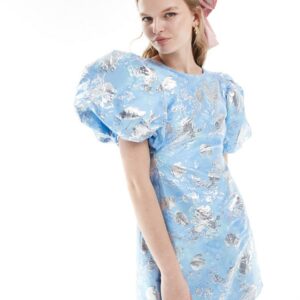 Sister Jane puff sleeve jacquard backless mini dress in blue