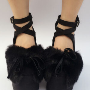 Suede Lolita Shoes Black Platform Chunky Heel Faux Fur Bow Cross Front Ankle Strap Lolita Pumps