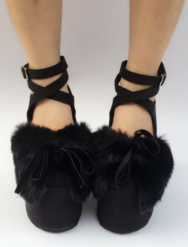 Suede Lolita Shoes Black Platform Chunky Heel Faux Fur Bow Cross Front Ankle Strap Lolita Pumps