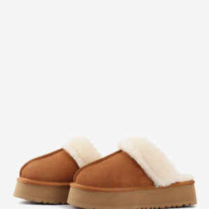 Suede Platform Slippers Brown Round Toe Short Plush Detail Winter Slippers