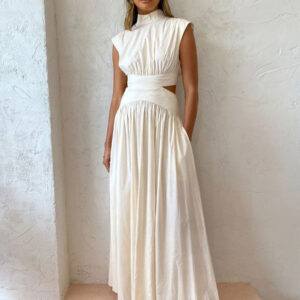 Summer Dress High Collar Pleated Backless White Long Beach Dress