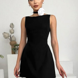 Summer Dress Jewel Neck Backless Black Short Beach Dress