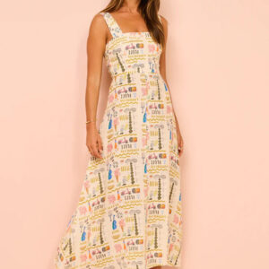 Summer Dress Square Neck Printed Backless Apricot Long Beach Dress